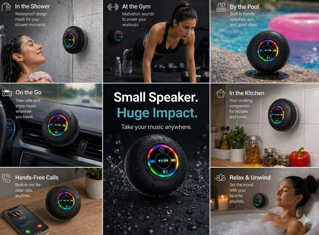 Mini Bluetooth Shower Speaker with RGB Lights | Waterproof Suction Cup | Wireless Bathroom Music Player with Mic
