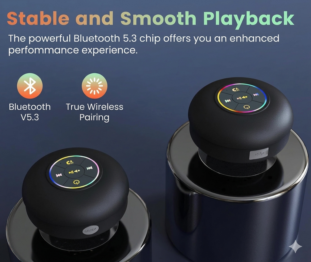 Mini Bluetooth Shower Speaker with RGB Lights | Waterproof Suction Cup | Wireless Bathroom Music Player with Mic